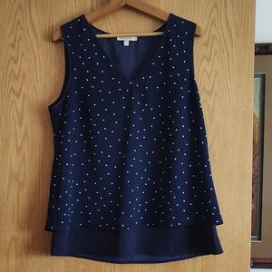 Skies Are Blue Blouse Sleeveless Shirt Tank Top V Neck Blue White Dots Small M